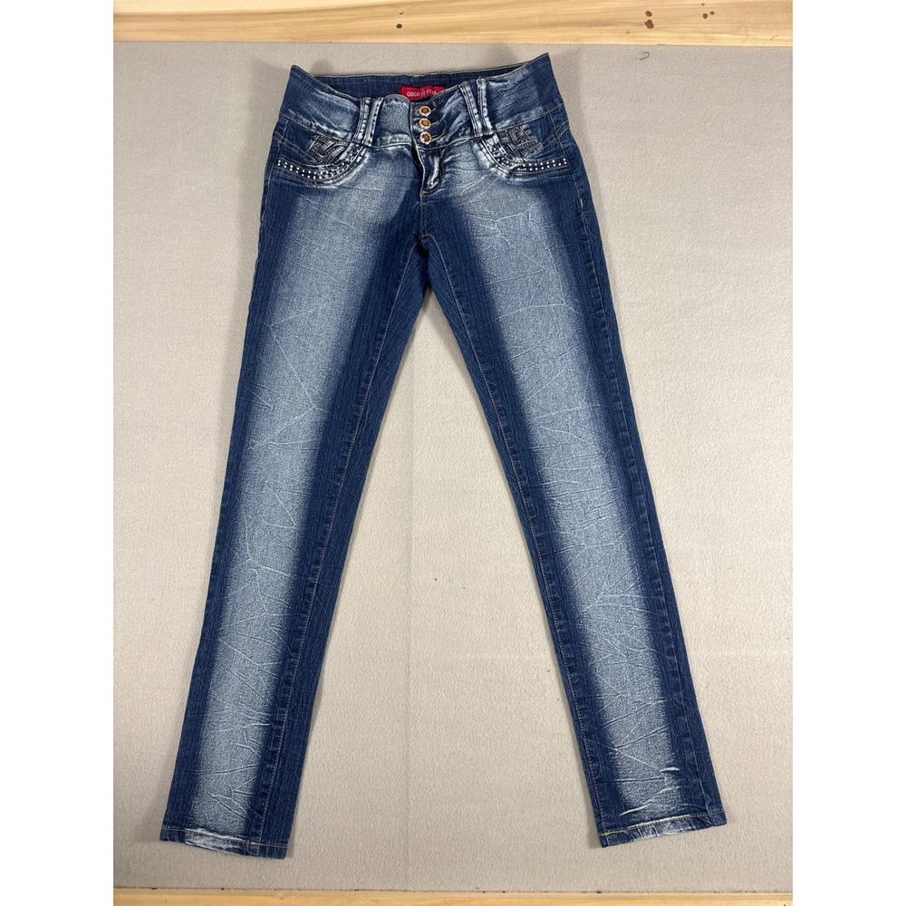 Gogo Star Womens Blue Rhinestone Embellished Skinny Jeans Y2K Low‎ Rise 3 Button